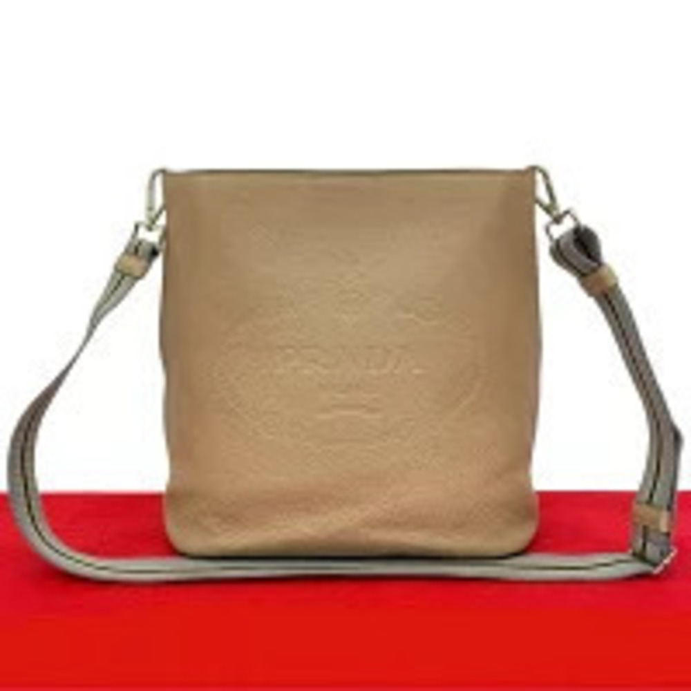Prada Vitello Phoenix Leather Sacoche Pochette Embossed Shoulder Bag Beige Tan